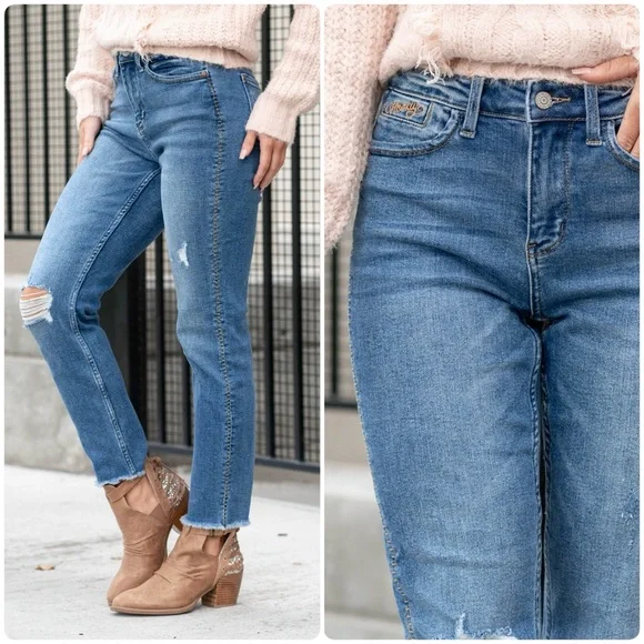 Judy Blue Howdy High Waisted Boyfriend Fit Distressed Raw Hem Jeans Size 7/28 - Picture 2 of 11